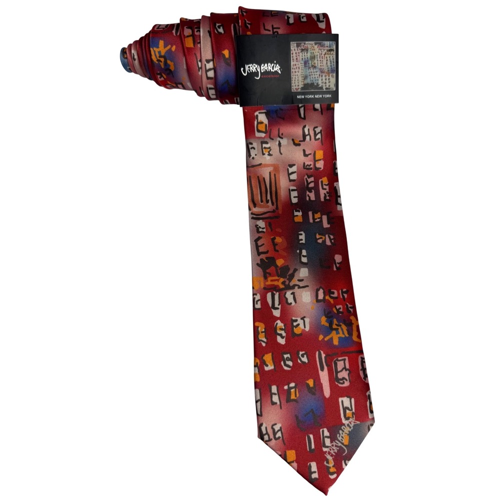 Jerry Garcia Excelsior New York New York Abstract Art Red Blue Silk Like Tie NWT